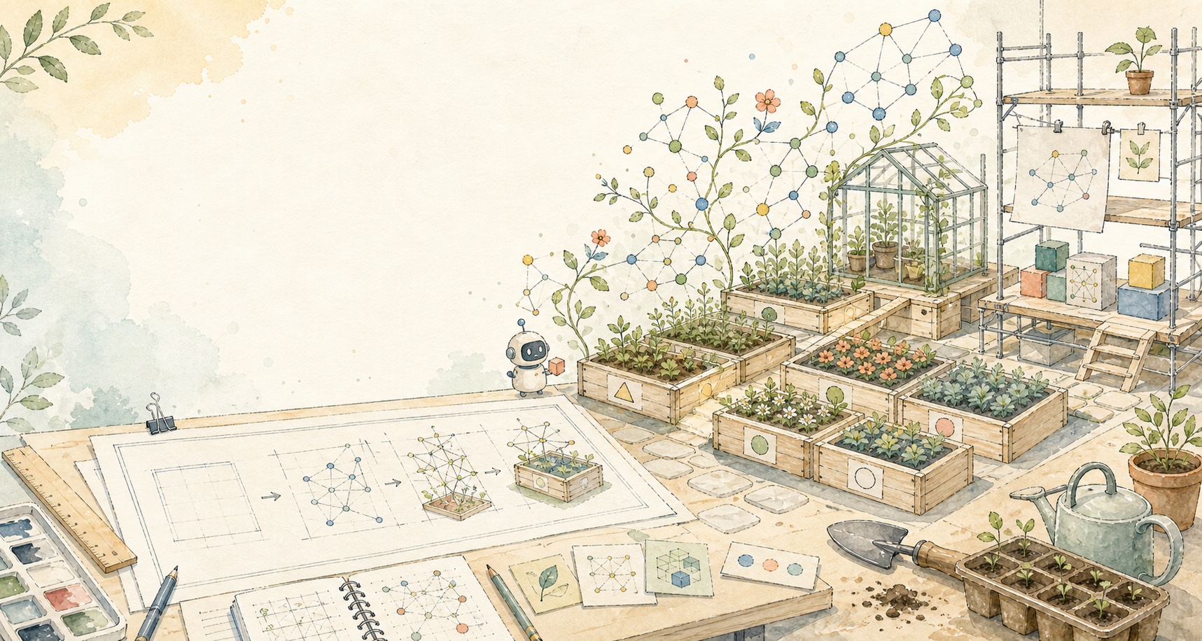 水彩风格的 AI 花园搭建插画