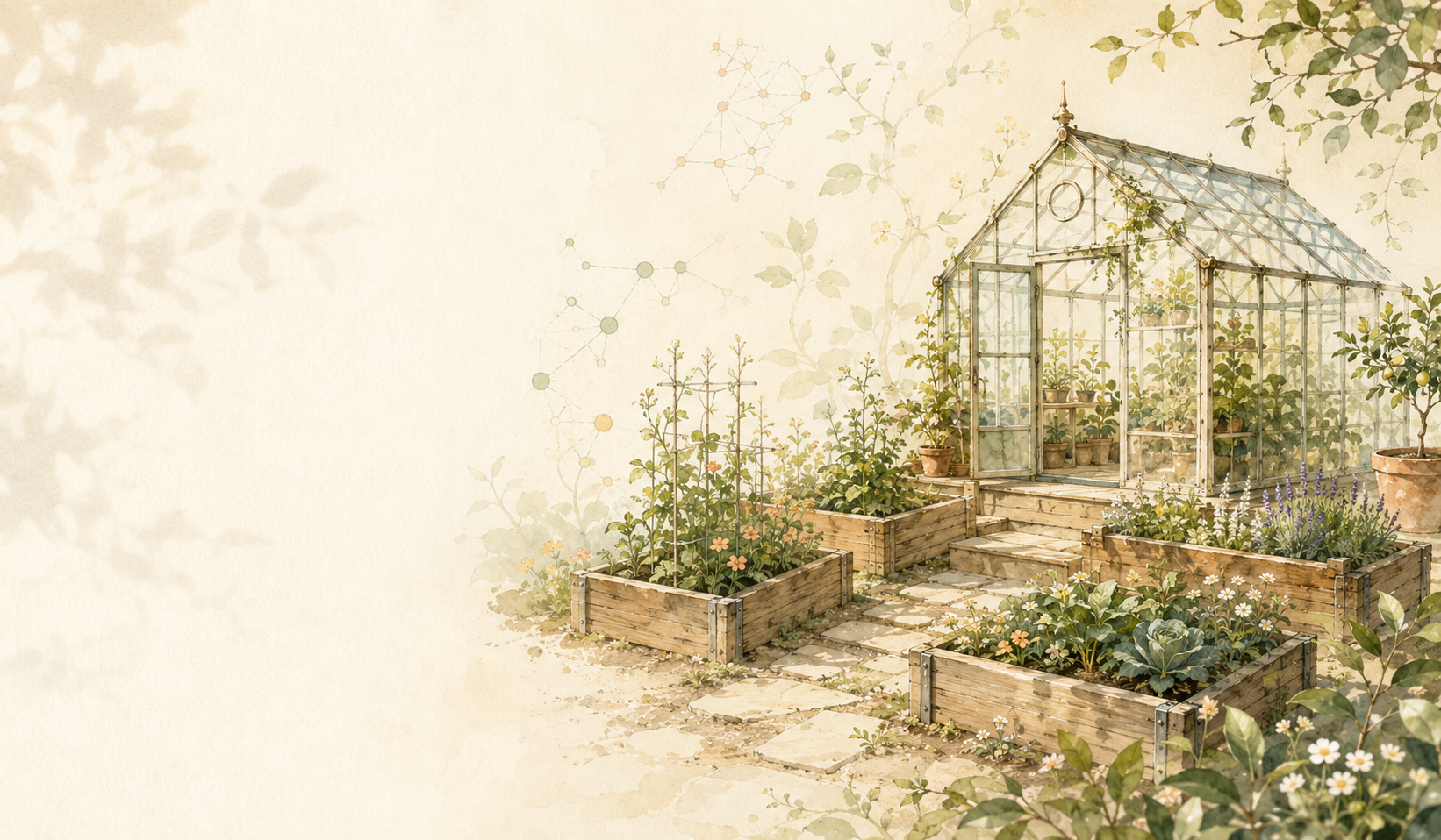 水彩风格的花园温室与种植箱插画